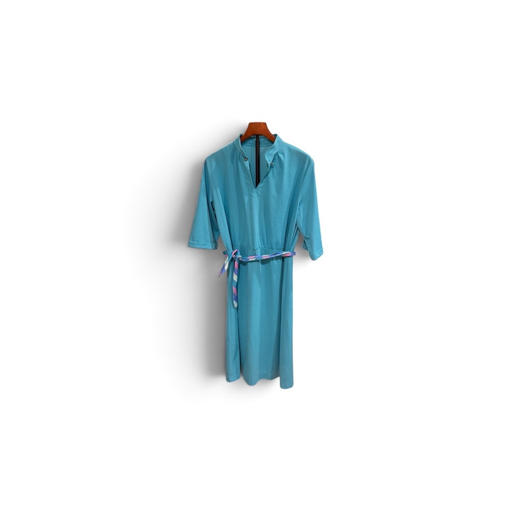 Vtg 70s Turquoise Blue V-Neck Belted Day Dress with Gold Hardware Detail